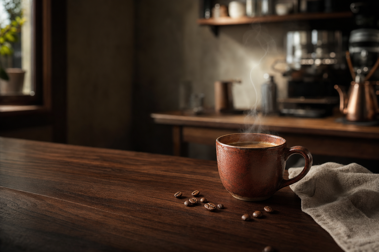 A ceramic espresso cup steaming on a dark walnut café counter